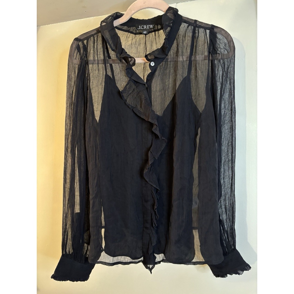 J CREW Black Sheer Ruffle Front Blouse 14 Holiday Dark‎  Academia